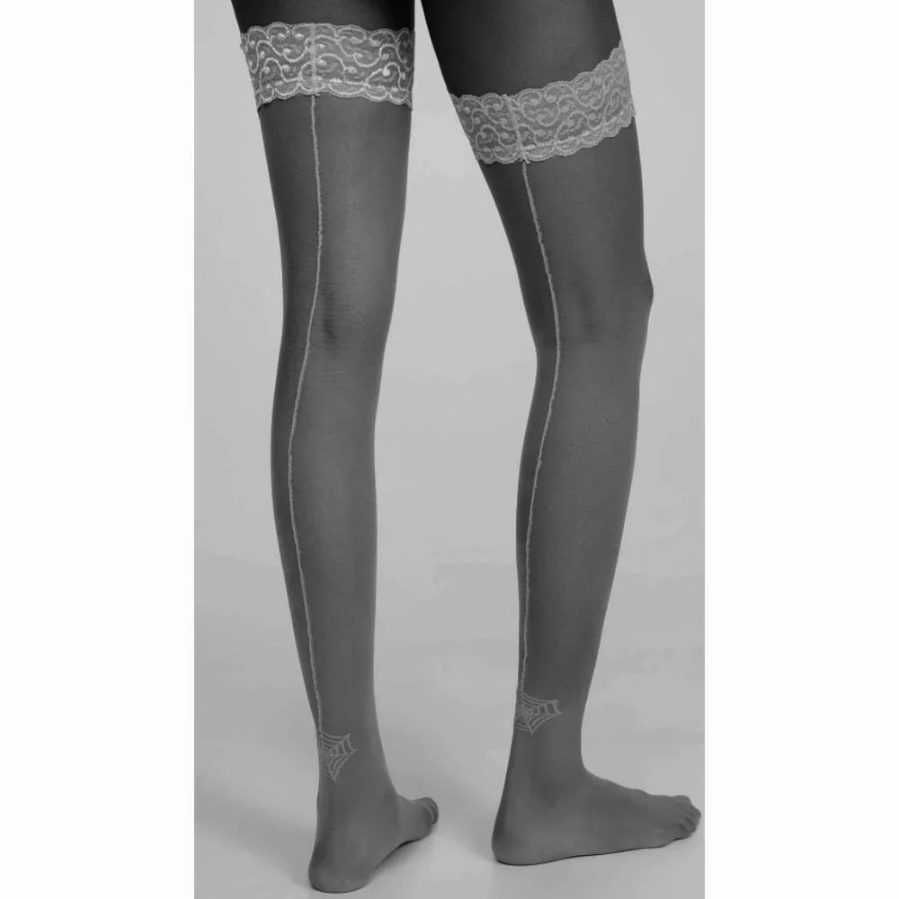 Charlotte Olympia Hold-Ups Back Seam Spider Web Grey Thigh-High Lace Stockings